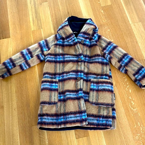 OOF WEAR hooded, reversible winter coat. Furry plaid/black nylon. - Picture 1 of 3